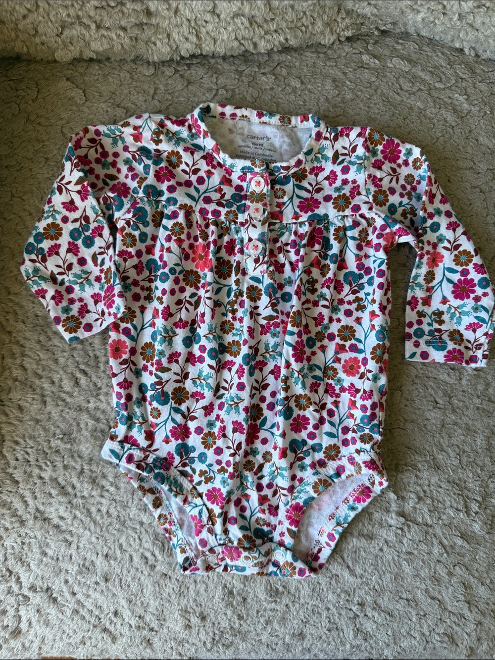 Carter's Floral Long-Sleeve One-Piece - White, Pink & Teal